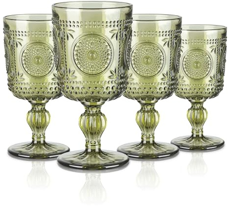 Joeyan 300ml Vintage Grün Weingläser,Set von 4 Sonnenblumen Relief Kelche mit Stiel,Farbig Weinkelche Landhausstil für Saft Getränke,Rotweingläser Weißweingläser Trinkgläser mit Fuß,Spülmaschinenfest
