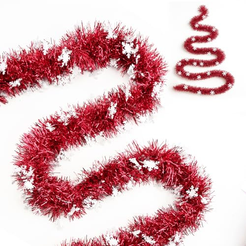 G2PLUS Ghirlanda di Natale Tinsel Rosso: 10m Ghirlanda Albero di Natale,Festoni Orpelli Natalizia per Decorazioni Natalizie da Interno ed Esterno
