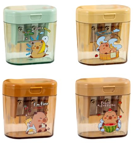 JYNVO Sacapuntas de 4 piezas, lindos sacapuntas en colores aleatorios, patrón de carpincho con espacio para guardar sacapuntas
