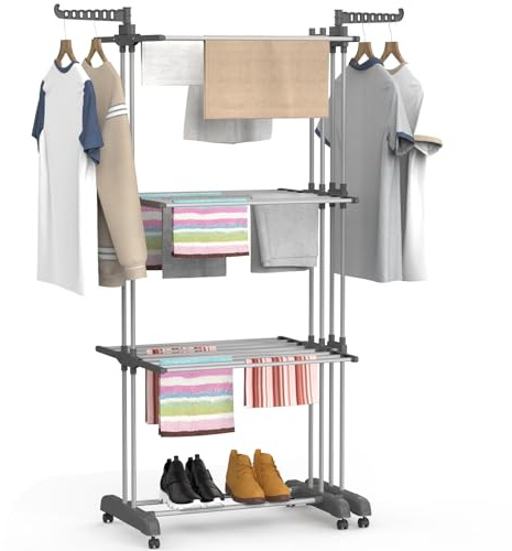 Soontrans Tendedero Vertical, 66-130×50×170 CM, 4 Niveles Tendederos Plegables, con Alas Laterales, Ruedas Giratorias 360º y Bloqueo, Inoxidable, hasta 40 kg, para Exterior y Interiores (Gris)