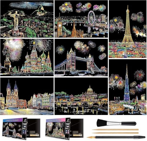 Scratch Art for Teens & Adults, Rainbow Engraving Painting Landscape Scratchboard(A4) Crafts Set: 8 Sheets 4 tools - Fireworks, Tower Bridge, Big Ben, Cristo Redentor, Ferris Wheel(Landmark Building)