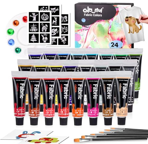 Colorful Fabric Paint Set for Clothes 24 Colors - Permanent Textile Paint Kit for Shoes, Canvas - Non-Toxic Slick Painting Set for Adults, Beginner & Artists