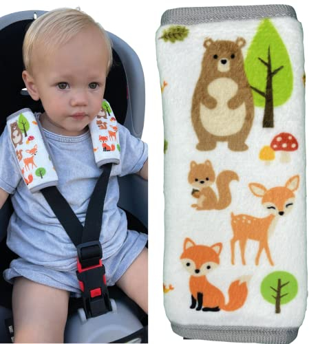 HECKBO 2x Waldtiere Gurtkissen Kinder – Gurtschoner Baby Trageschale, Schulterpolster Autositz, Gurtpolster Jungen & Mädchen, Sicherheitsgurt Zubehör, weich & bequem