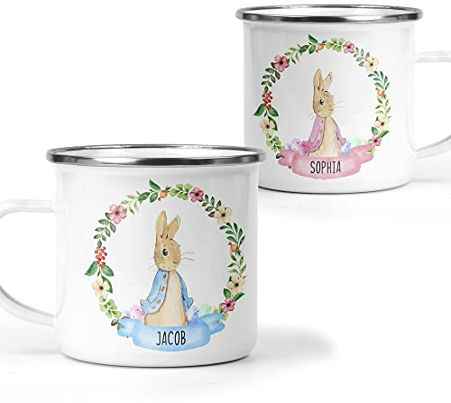 Personalised Pink Easter Bunny Enamel Mug with Name - Custom Girls Easter Cup - Cute Kids Hot Chocolate Mug - Easter Gift for Girls - Egg Hunt Keepsake - Bunny Mug for Children (Enamel, Pink)