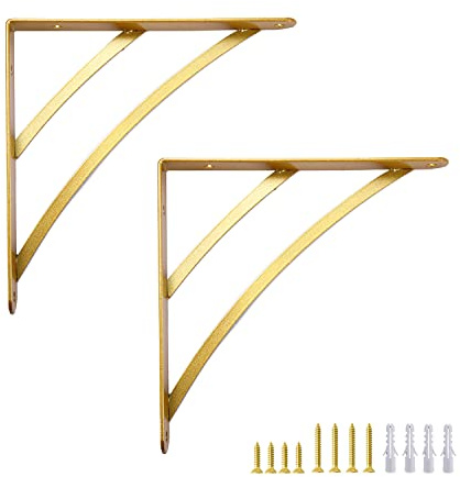 Goldfarbene Regalhalterungen, 200 mm dreieckige Regalhalterungen, vielseitig, rechtwinklig, Wandmontage, Regalträger für Gerüstbretter, moderne Messing-Wanddekoration, goldfarben, 2 Stück