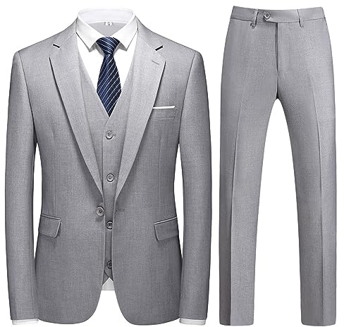 KUDMOL Traje de 3 piezas para hombre, elegante, casual, oficina, trabajo, ajustado, blazer de un botón, clásico, ligero, transpirable, boda, baile, esmoquin chaqueta, chaleco, Gris claro., L