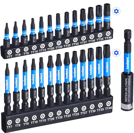 toolant Impact Torx Bit Set 26+1pcs (T7-T40), 1/4 Hex-Shank S2 Steel Security Torx Bit Set, Tamper Proof Star Bit Set with CNC Machined Tips, 1”&2” Long with Magnetic Impact Bit Holder and Storage Box