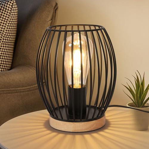 Comely Lampada da Tavolo Vintage Stile per Soggiorno per la Camera da Letto, Retrò Industriale E27 Luce al Letto, Paralume in Gabbia in Metallo in Legno, Nera (MAX 60W, Senza Lampadina)