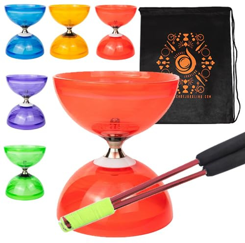 Jumbo Hurricane Pro - Diábolo de embrague de triple rodamiento con palos de aluminio metal, cuerda de diábolo y bolsa de transporte en cascada (rojo con palitos rojos)
