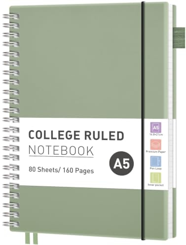 RETTACY A5 Spiral Notebook, Lined, Flexible Plastic Cover, College Ruled Paper, 80 Sheets/160 Pages, 100gsm, with Pocket, Pen Loop, Ruler & Bookmark - Light Green, 14.5 x 20.7cm