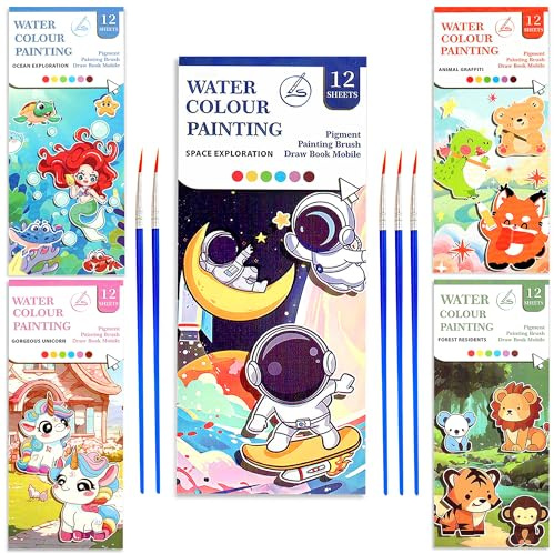 GLUN Lot de 5 blocs-notes pour enfants, 12 pages différentes, peinture à l'eau avec patchs d'aquarelle et pinceau, 5 blocs de notes à thème différent