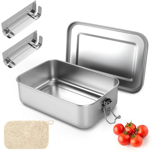 Lunch Box in Acciaio Inox 1400ML,Scatola per Pranzo Sostenibile,Scatola Per Il Porta Pranzo a Tenuta Stagna,con 2 Partizione Rimovibile E una spazzola di luffa,per Il Pranzo Adatta A Bambini e Adulti