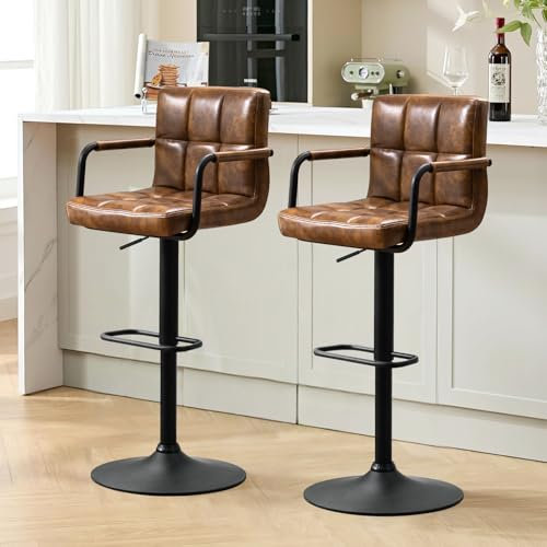Ckaff Barhocker 2er Set, Barstuhl höhenverstellbar aus PU-Leder, 360°Drehstuhl Küchenstuhl mit Armlehnen, Rückenlehne und Fußstütze für Küche, Wohnzimmer, Esszimmer, Gelbbraun