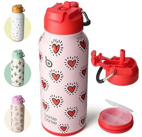 BOTTLE BOTTLE Insulated Water Bottle 950ml(32oz) Stainless Steel Sports Water Bottles with Straw Dual-use Lid Drink Flask Design for Gym with Pill Box (heartbeats)