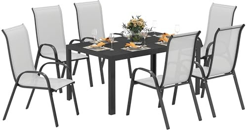 Outsunny Sitzgruppe 7-teilig Essgruppe Stahl für 6 Personen Esstisch mit 6 stapelbar Stühlen Esszimmergruppe mit Tisch Küchentisch-Set Balkonmöbel Gartenmöbel für Terrasse, Balkon Esszimmer Hellgrau
