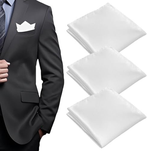 WUSJCOF Pañuelos para Hombres, 3 Unidades, Pañuelo de Bolsillo Preplegado, Set de Negocios e Informal, Cuadrado Sedoso y Brillante, Traje Hombre, Bolsillo, Blanco Regalo para Hombres (22 x 22 cm)