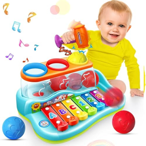 BAKAJI Xilofono Giocattolo per Bambini e Bambine da 6+ Mesi, Gioco Educativo Musicale con Tasti Colorati e Martelletto, Strumenti Musicali Giocattoli Percussione Educativi con Palline Colorate