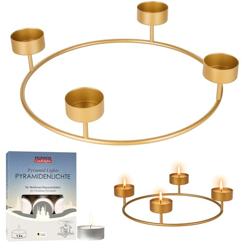 BRUBAKER Portavelas, incluye 12 velas de té con forma de pirámide, 26,5 cm, corona de Adviento, soporte para velas de Adviento, anillo de metal, decoración navideña, dorado
