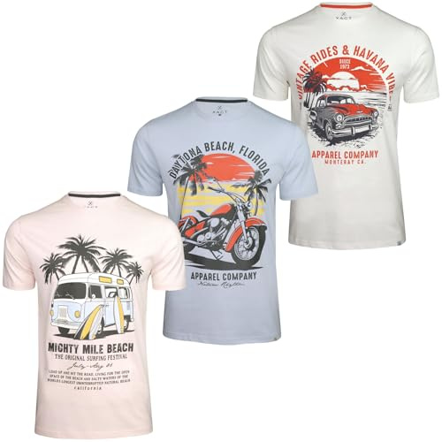 Xact Maglietta Uomo 3 Pack T-Shirt Girocollo Manica Corta 100% Cotone Pettinato Stampa Grafica vestibilità Regolare - 3 pz - Beach - Rosa/Blu Celeste/Bianco