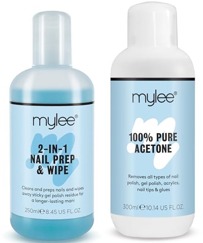 Mylee Duo Préparation Ongles - Prep + Wipe Cleanser 250 ml + Acétone 100% | Pure 300 ml - Dissolvant Vernis Semi-Permanent UV/LED, Dégraissant, Retrait Résidus & Dépose Gel