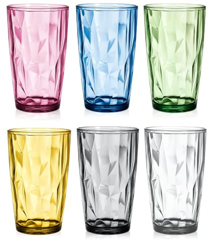Set med 6 vattenglas, 490 ml färgglada dricksglas av plast, akryldricksglas, kristallglasoptik, juiceglas, okrossbart dricksglas, stapelbara campingglas för picknick, fest, camping