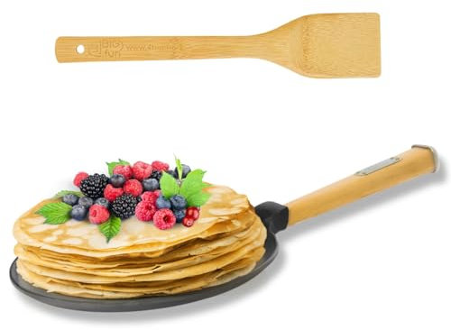 4BIG.fun Pfannkuchen Bratpfanne aus Gusseisen 22 cm BRIZOLL mit Holzgriff abschraubbar und Pfannenwender von 4big.fun *** Pancake Crepes *** Alle Herdarten inkl. Induktion *** Crepepfanne Omlettpfanne