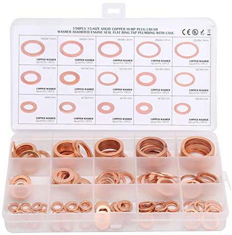 150Pcs Rondelles en Cuivre Assortiment Kit, 15 Tailles, M5 à M22, Assortiment de Joint Rondelle Plate en Laiton, pour Bagues d'Étanchéité et Joint de Bouchon de Vidange