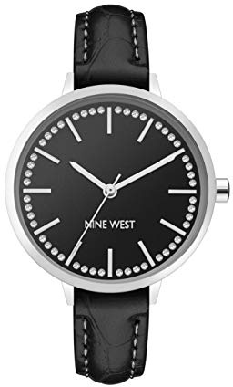 Nine West Damen-Armbanduhr, glitzernd, mit Krokodil-Akzent, schwarz/Silber, Riemen