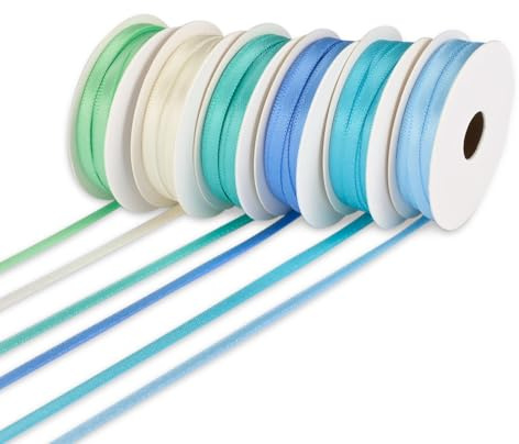Vaessen Creative SatinRibbon Set, Baby Blue, A Mix of 6 Colours, 3mm x 2m, Elegant Shine for Card Making, Scrapbooks, Gift Wrap, Newborn Baby Boy Gifts, Christening Presents and More Crafts