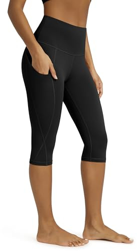 ODODOS Women's Knee Length High Waisted Yoga Capri Leggings with Pockets, Workout Running Sports Athletic Yoga Capris, Black, X-Large