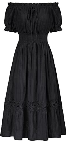 Damen Kurzarm Kleider Off Shoulder Elastische Taille Rüschensaum Retro Baumwollkleid Schwarz XL