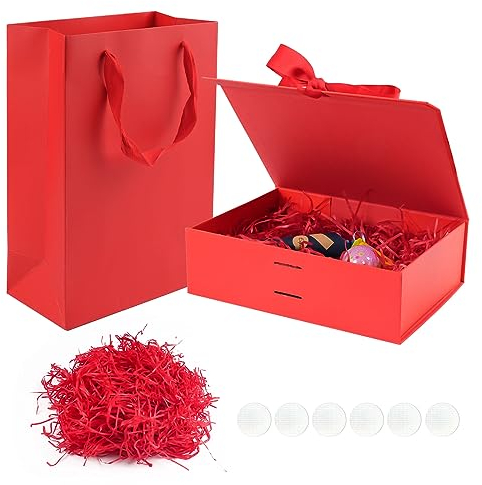 Rot Geschenkbox, 23x17x7cm Geschenk Box mit Deckel, Geschenktüten, Raffia Hamper Shreds und Klebeband, Geschenkkarton für Ostern, Valentinstag, Muttertag Geschenkverpackung