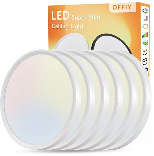 OFFIY 6PK 12 Inch LED Flush Mount Ceiling Light, 24W, 2520LM, 3000K/4000K/6000K CCT Selectable Super Slim LED Ceiling Light, Close to Ceiling Round Flat Panel Light for Hallway, Bedroom,Kitchen ect