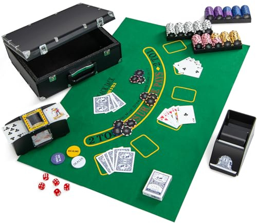 COSTWAY Set di Fiches da Poker con 300/600 Fiches, 2/6 Mazzi di Carte 5 Dadi Mescolatore Automatico di Carte e Tappeto, Scatola Portatile, Poker Chips per Party Viaggi e Feste (300 PCS)