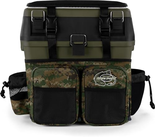 Angelkoffer Angelbox Angeltasche gepolsterte Sitzkiepe Sitzfunktion Gerätekasten mit Rucksackfunktion und aufgesetzen Taschen - inklusive 4 Tackle-Boxen für Angelzubehör Farbe Digital Woodland