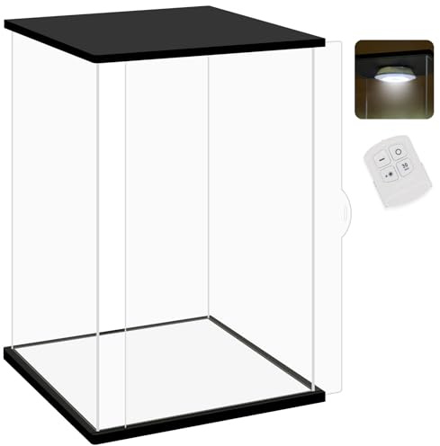 Nonemey Vitrina Acrílica Transparente con Luz de Control Remoto para Colecciones, Antipolvo Expositor Metacrilato Caja Organizadora para Modelos, Vitrina para Colecciones(Negro, 20*15*35 cm)