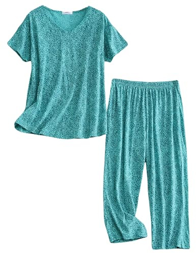 BERDITH Soft Womens Nightwear, Plus Size Ladies Pyjamas Sets Cotton Blend Pajamas Summer Sleep Lounge Loungewear PJS Set for Women Gift Mothers Day Mum Mummy UK Size 16-18,Green