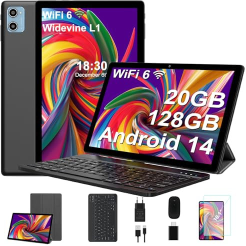 2024 Neueste Tablet 10 Zoll mit Widevine L1, Android 14 Tablet, 20GB RAM+128GB ROM(TF 1TB), Octa-Core 1.8GHz,WiFi 6, 6000mAh, Bluetooth 5.0, 1280 * 800, 8MP+5MP, Tablet mit Tastatur und Maus,Schwarz