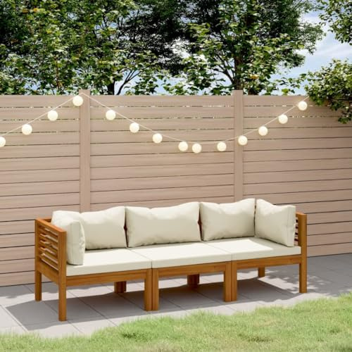 KTHLBRH Canapé de jardin 3 places avec coussin crème - Ensemble de meubles de balcon en bois d'acacia massif - Pour terrasse, jardin, balcon