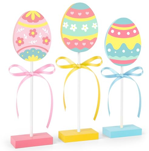 3 Pieces Easter Table Decorations, Wooden Eggs Signs, Colorful Easter Tiered Tray Decor for Home Kitchen Decorations (Eggs)