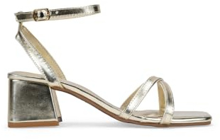 BOSANOVA Sandali con tacco da donna con due strisce sottili incrociate all'inizio e tacco largo a blocco. Chiusura con cinturino con fibbia. Scarpe da donna, oro, 36 EU