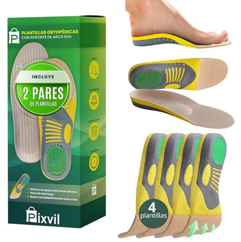 Pixvil® Plantillas Fascitis Plantar [2 Pares] Gel y Arco EVA – Plantillas Trabajo y Padel para Hombre y Mujer – Alivio Pies Planos, Metatarsalgia y Espolón – Botas Seguridad y Running