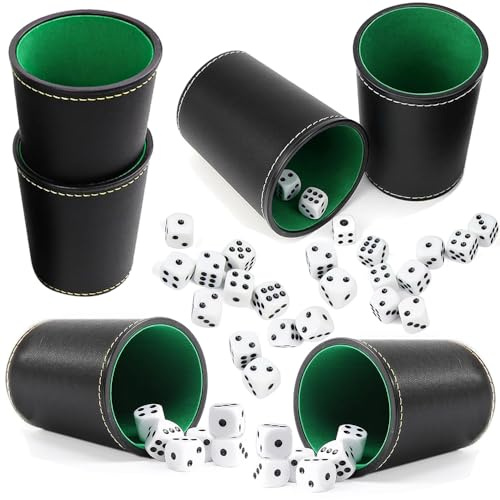 BIZOI Juego de Vasos de Dados de Piel, Juego de 6 Cubos de Piel Sintética, Tazas Dados de Cuero PU, Cubilete dadoss de Cuero para Bares, Discotecas