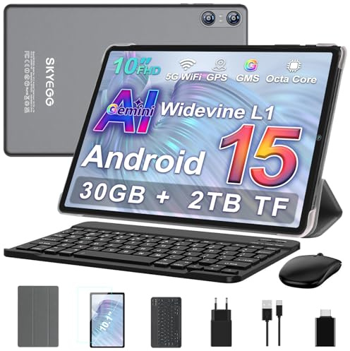 SKYEGG Tablet 10 Pulgadas Android 15 con Gemini AI, 30 GB RAM + Ampliable 2 TB ROM, Widevine L1, WiFi 5G, Batería 6000 mAh, con Teclado, Ratón y Funda para Estudio, Trabajo y Entretenimiento – Gris