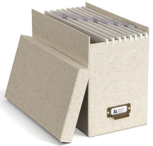 BIGSO JOHAN A4 Hanging File Box - Hanging File Box with Lid and Handle - Desk Tray for Hanging Files & Documents - Storage Box Made of Recycled Fibreboard and Paper - Linen