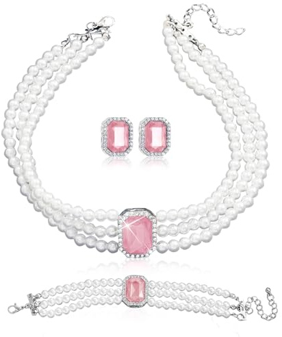 LjFrexia 3 Piezas de Joyas de Perlas para Mujer, Collar Choker de Cristal con Perlas, Pulsera y Pendientes, Joya Multifila con Colgante de Cristal Rosa, para Mujer, Novia, Dama de Honor