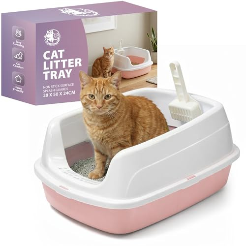 Rex & Roxy Cat Litter Tray | Litter Tray With Scoop | Cat Littering Box | Kitten Littering Trays With Open Top, Large Trays With Detachable Rim, Non Stick Surface, Splash Guards | 50x38x24cm (Pink)