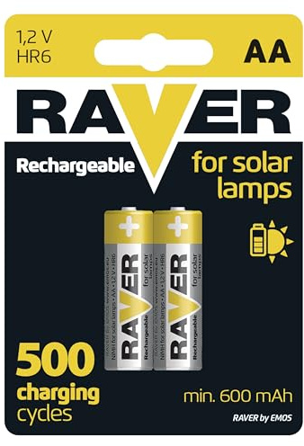 Raver by EMOS - Solar AA Mignon Akkus - aufladbare Batterien für Solarlampen - NiMH - 1,2V, HR6, 600 mAh - Betriebstemperatur -20 °C bis +50 °C - min. 500 Ladezyklen - 2 Stück