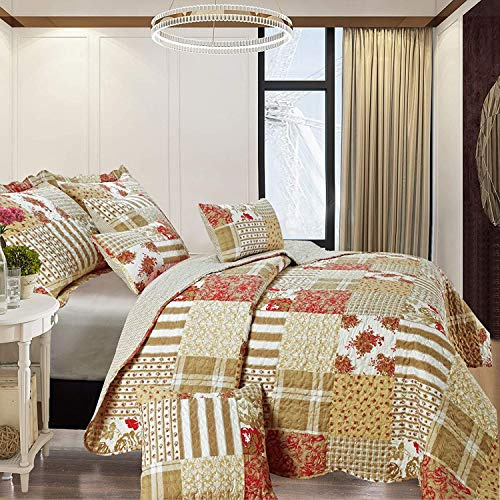 B&B King Size Bed Throw for Bedroom Decor + 2 Pillow Sham 3 Piece Quilted Bedspread Beautiful Floral Vintage Design Comforter Set (Alvina)