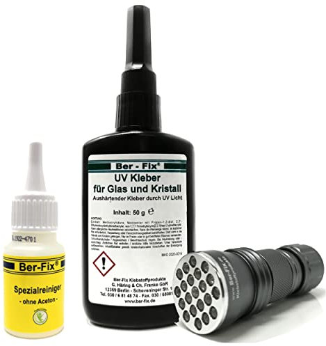 Ber-Fix Pegamento UV con lámpara, juego de pegamento para vidrio y cristal, metal, 50 g, gel, 2500 mPas, compensa incluso pequeñas irregularidades con linterna UV, 21 LED
